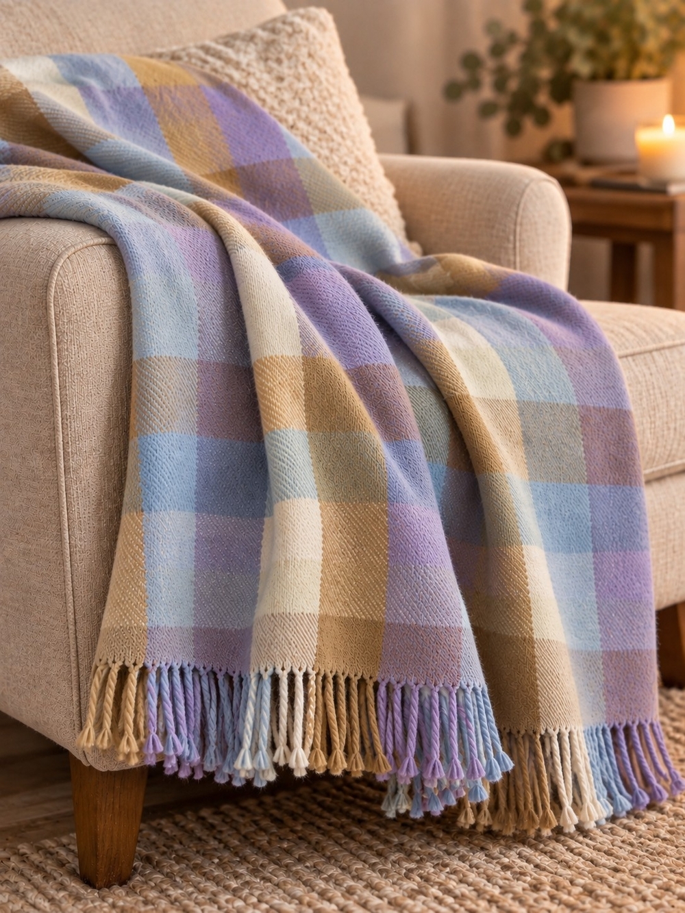 IKEA Made in Italy Plaid Throw Blanket – Soft Blue Tan & Lavender – 51” x 51”
